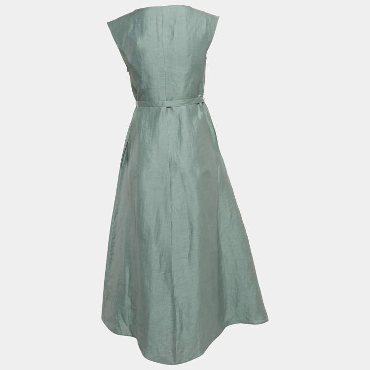 Pre Owned Weekend Max Mara Green Linen Blend Belted Gordon Midi Dress