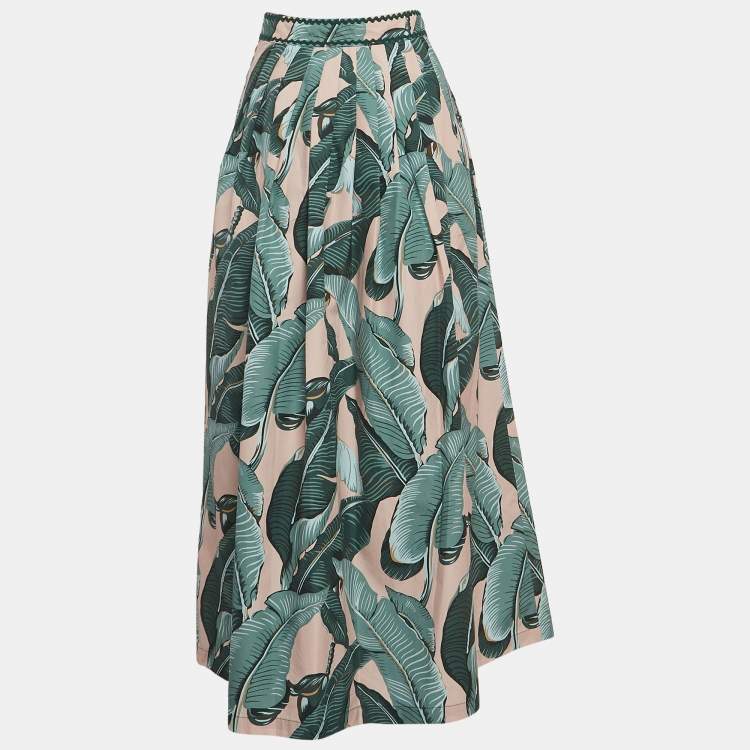 Pre Owned Weekend Max Mara Green Leaf Printed Cotton Pleated Eguale Midi Skirt S