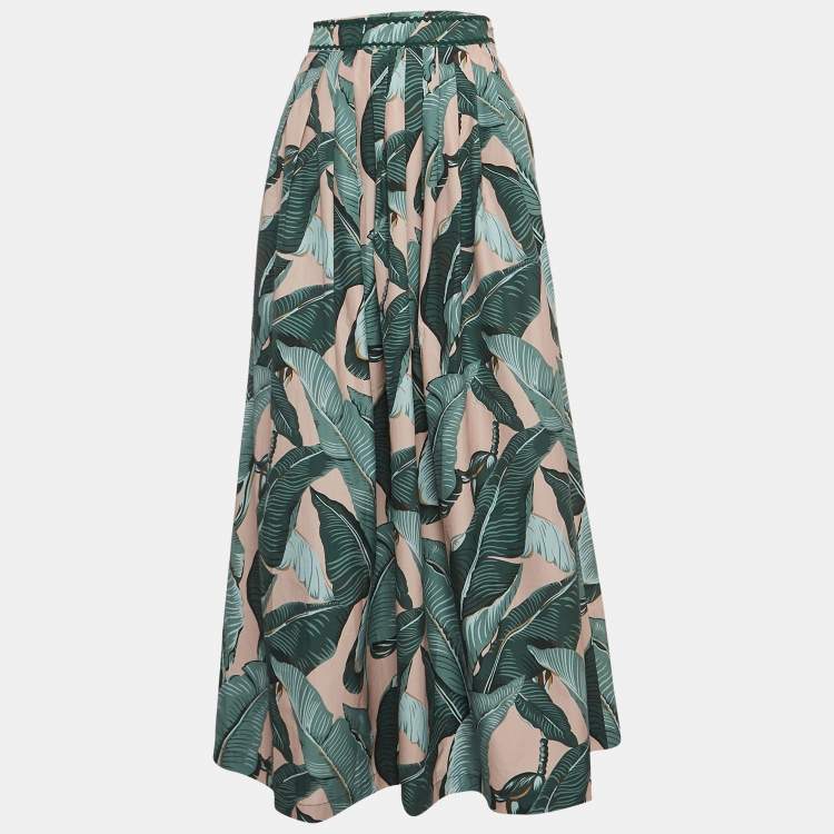 Pre Owned Weekend Max Mara Green Leaf Printed Cotton Pleated Eguale Midi Skirt S