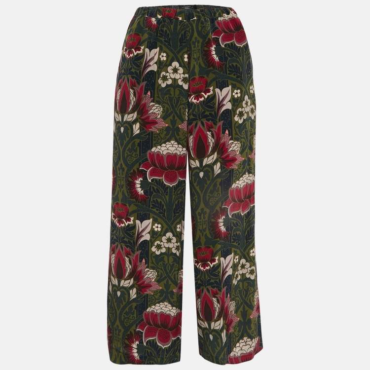 Pre Owned Weekend Max Mara Green Floral Print Silk Wide-Leg Pants S