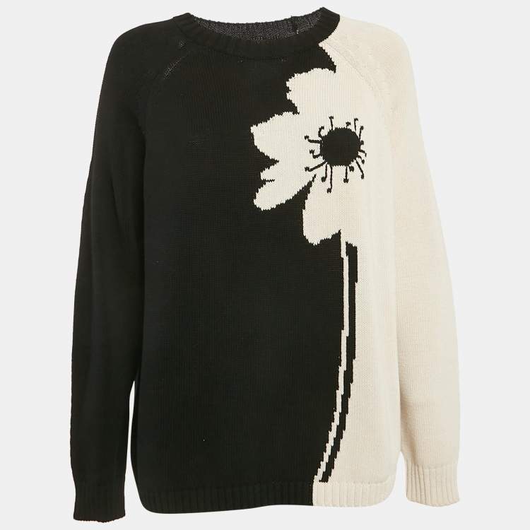 Pre Owned Weekend Max Mara Black/Off-White Intarsia Knit Long Sleeve Sweater L