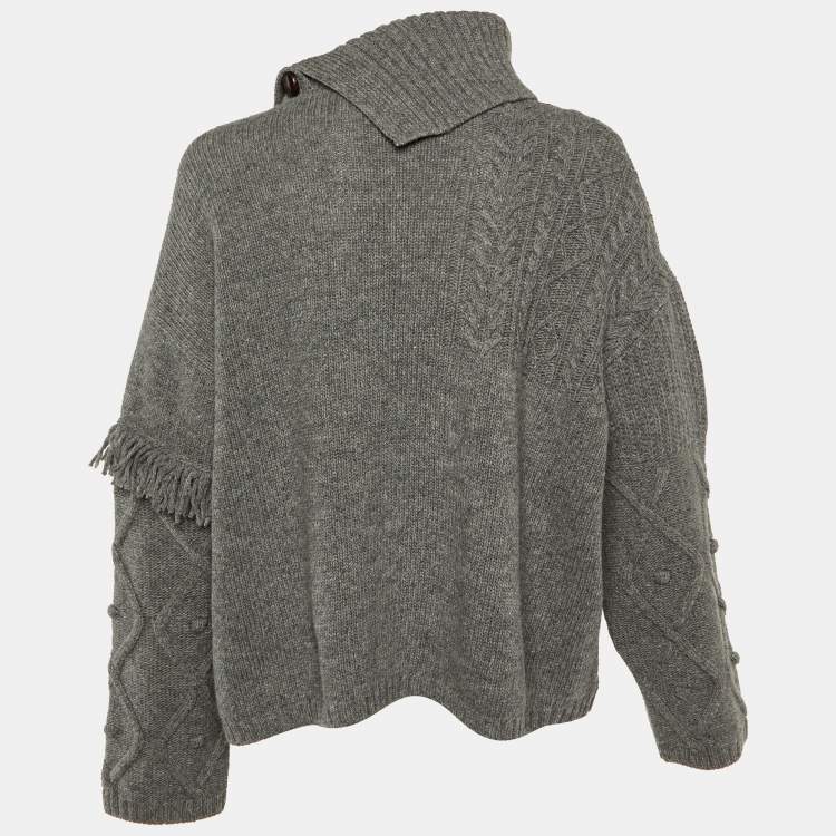 Pre Owned Weekend Max Mara Grey Cable Knit Tasseled Turtleneck Sweater M