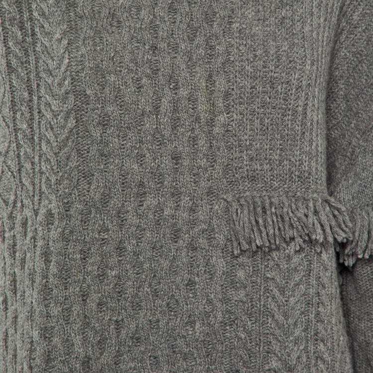 Pre Owned Weekend Max Mara Grey Cable Knit Tasseled Turtleneck Sweater M