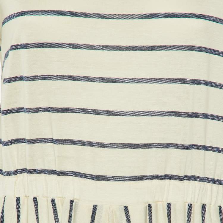 Pre Owned Weekend Max Mara White Striped Stretch Cotton Flared Maxi Dress L