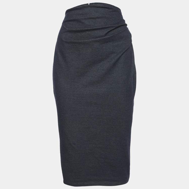 Pre Owned Weekend Max Mara Blue Stretch Denim Ruched Pencil Skirt S