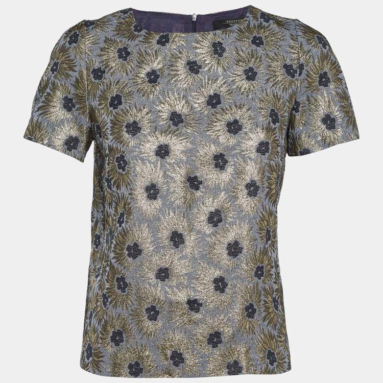 Pre Owned Weekend Max Mara Grey/Gold Floral Brocade Blouse M