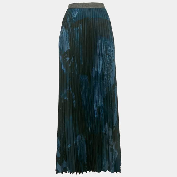 Pre Owned Weekend Max Mara Black & Blue Printed Plisse Midi Skirt S