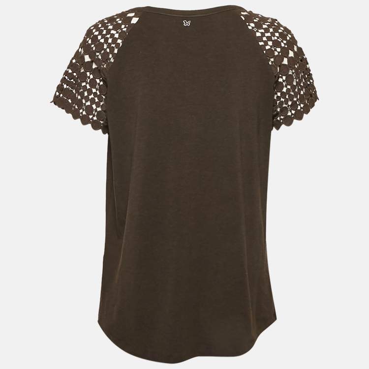 Pre Owned Weekend Max Mara Brown Jersey and Lace Trim Sleeve Top M