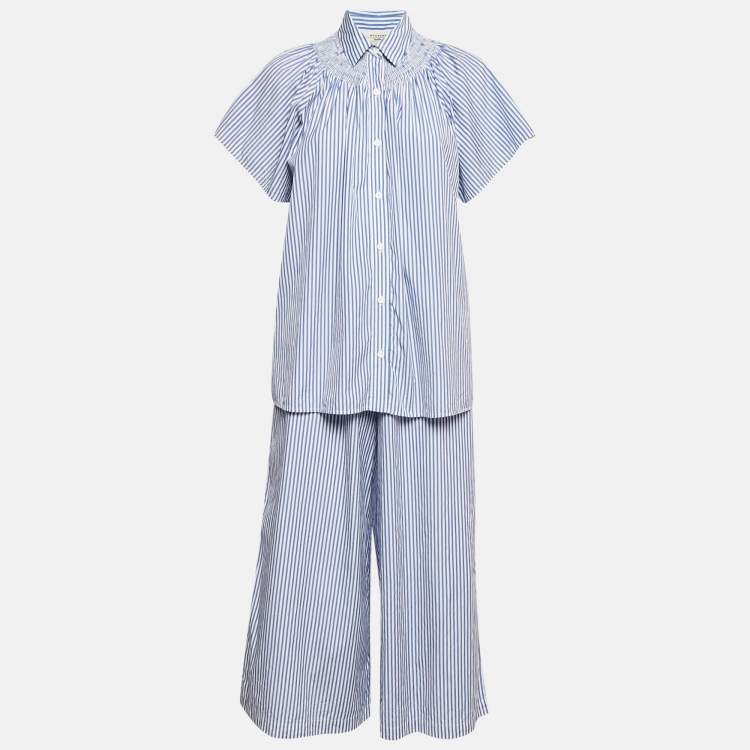 Pre Owned Weekend Max Mara Blue Stripe Cotton Capri Pants and Blouse Set S