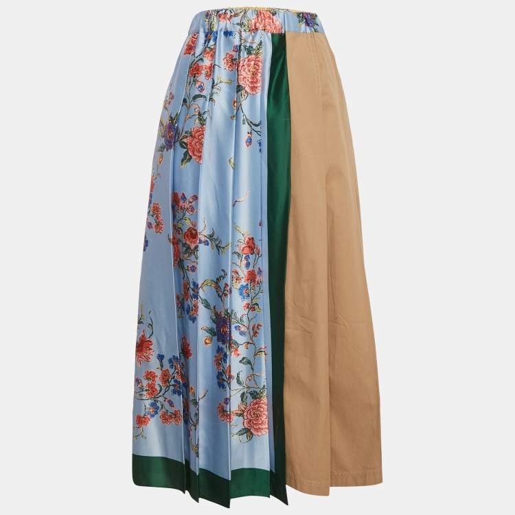 Pre Owned Weekend Max Mara Multicolor Satin and Cotton Pleated Midi Skirt XL