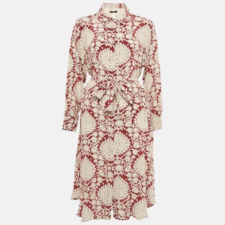 Pre Owned Weekend Max Mara Burgundy Printed Silk Belted Midi Dress L