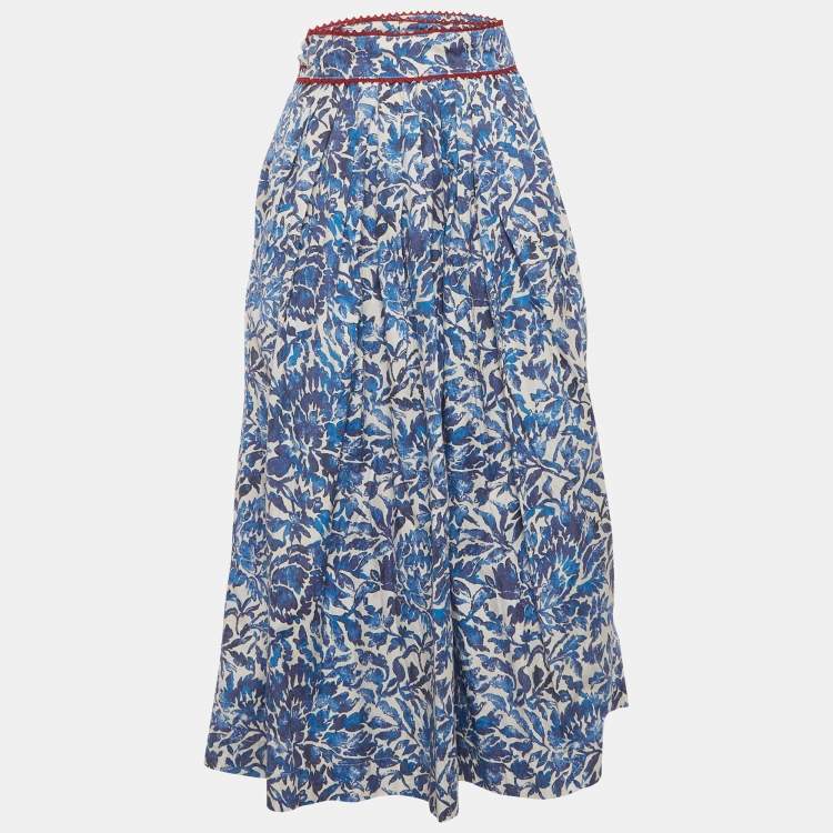 Pre Owned Weekend Max Mara White/Blue Floral Print Cotton Ossola Midi Skirt S
