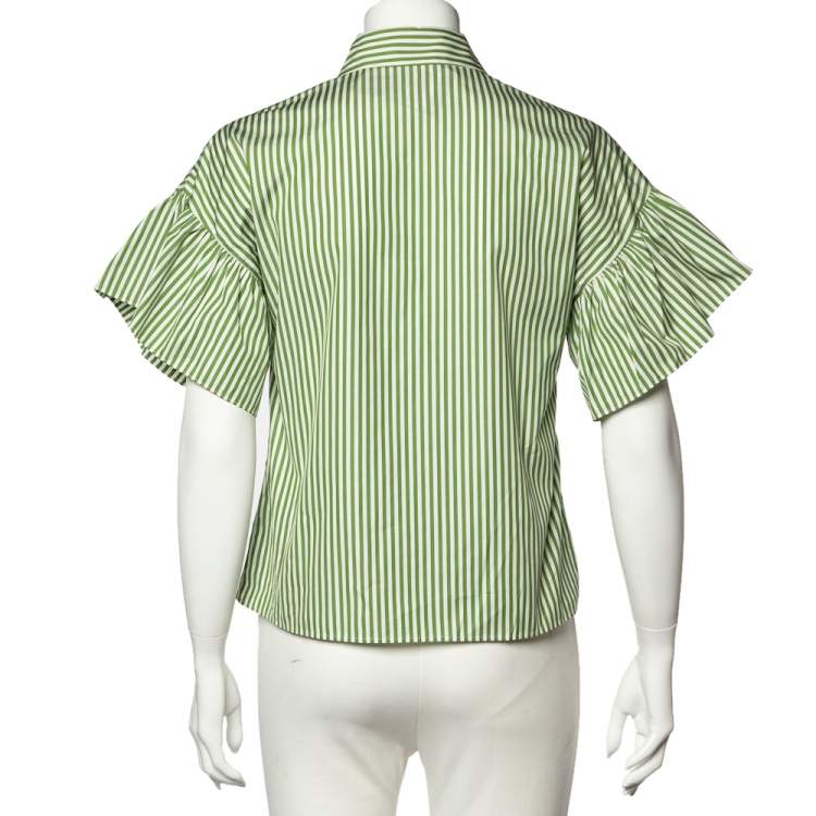 Pre Owned Weekend Max Mara Green Striped Cotton Butterfly Embroidered Top S