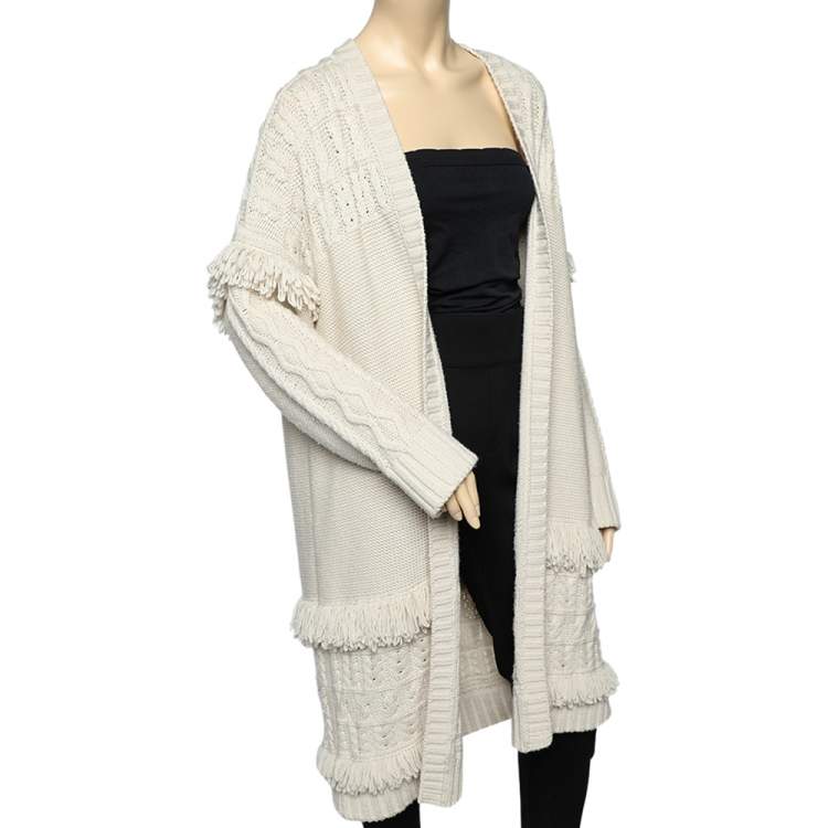 Pre Owned Weekend Max Mara Wool Knit Fringe Detailed Open Front Cardigan L