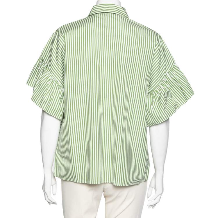 Pre Owned Weekend Max Mara White & Green Striped Cotton Embroidered Poplin Shirt XL