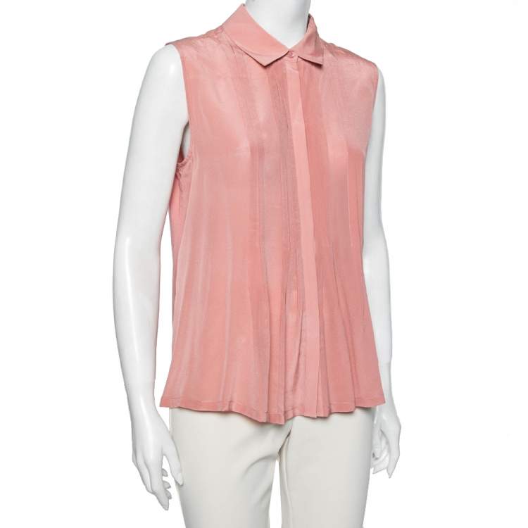 Pre Owned Weekend Max Mara Peach Jersey & Silk Pintuck Sleeveless Shirt L