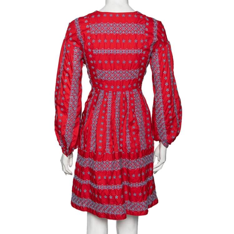 Pre Owned Weekend Max Mara Red Cotton Floral Embroidered Side Slits Detailed Dress M