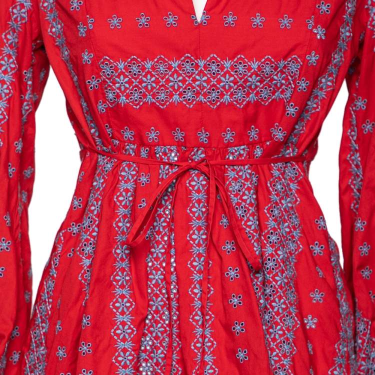 Pre Owned Weekend Max Mara Red Cotton Floral Embroidered Side Slits Detailed Dress M