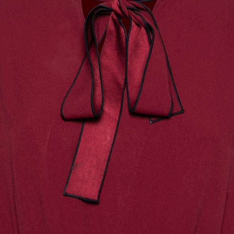 Pre Owned Weekend Max Mara Burgundy Crepe Bow Tie Neck Pleated Dress M
