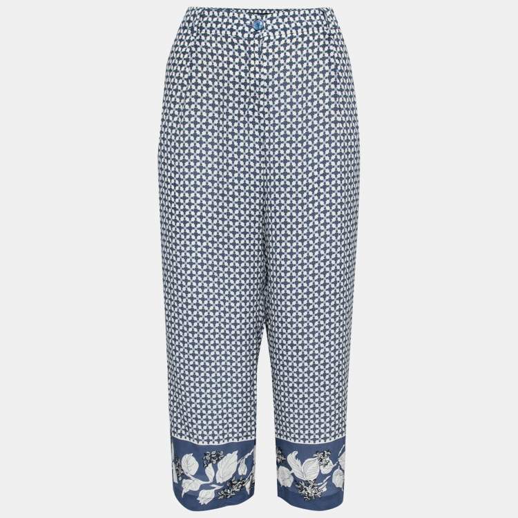 Pre Owned Weekend Max Mara Indigo & White Printed Silk Palazzo Trousers M