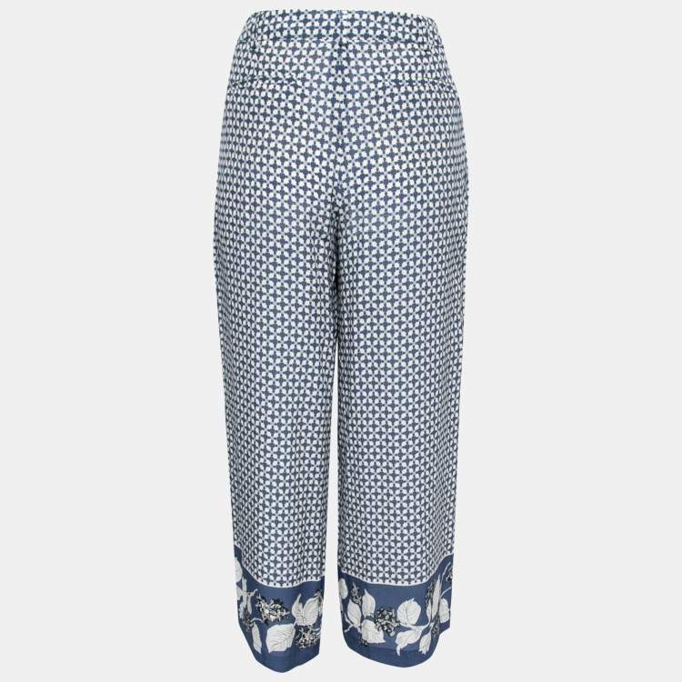 Pre Owned Weekend Max Mara Indigo & White Printed Silk Palazzo Trousers M