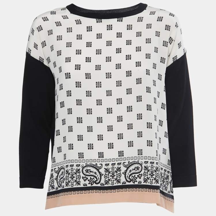 Pre Owned Weekend Max Mara Black Printed Knit & Silk Sweater Top S