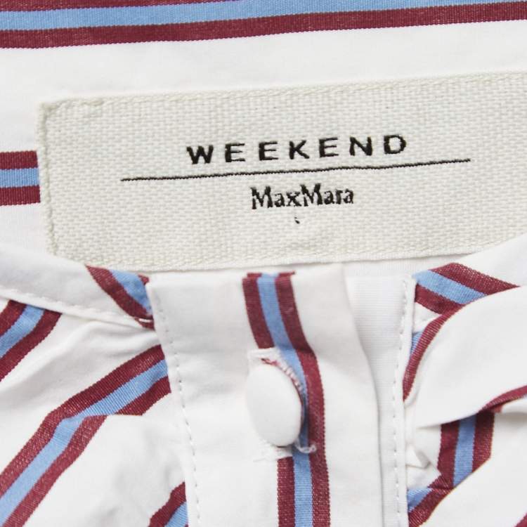 Pre Owned Weekend Max Mara White Striped Cotton Ruffled Blouse M