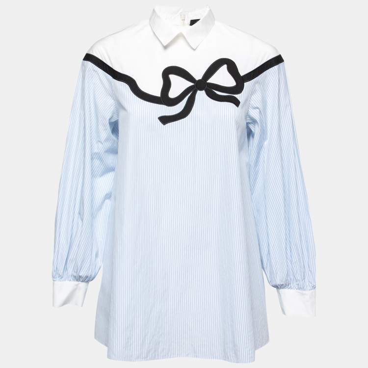 Pre Owned Weekend Max Mara Blue Striped Cotton Bow Detail Blouse S