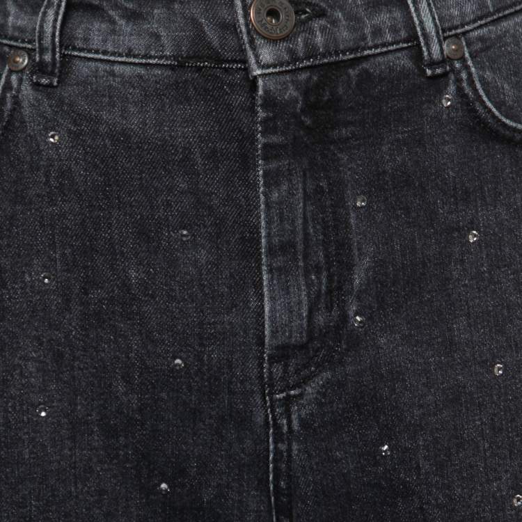 Pre Owned Weekend Max Mara Black Distressed Denim Crystal Embellished Jeans M Waist 29"