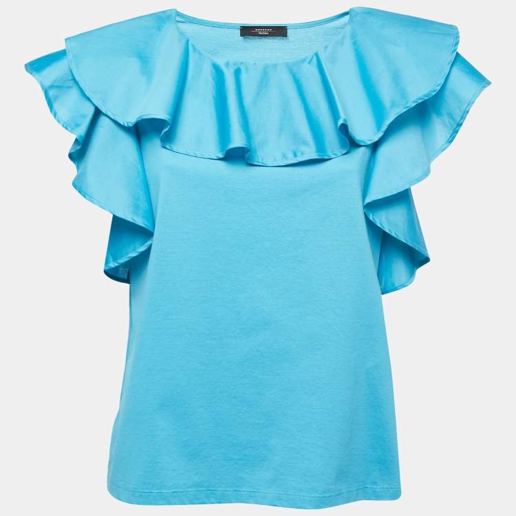Pre Owned Weekend Max Mara Blue Knit Ruffle Detailed Blouse XL