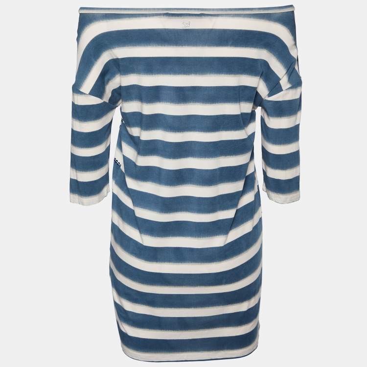 Pre Owned Weekend Max Mara White & Blue Cotton Striped Sequin Embellished Top M