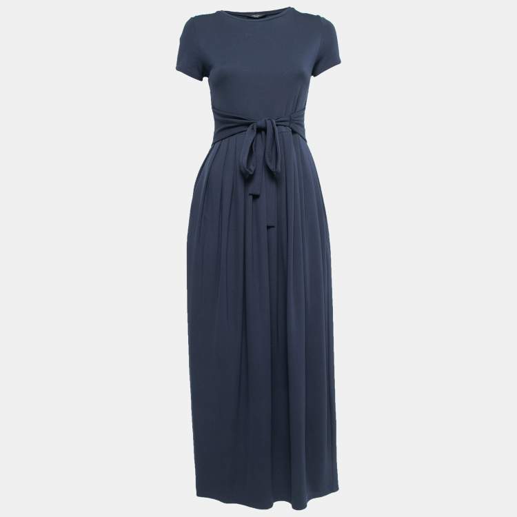 Pre Owned Weekend Max Mara Navy Blue Knit Short Sleeve Waist Tie Detail Pleated Maxi Dress XS