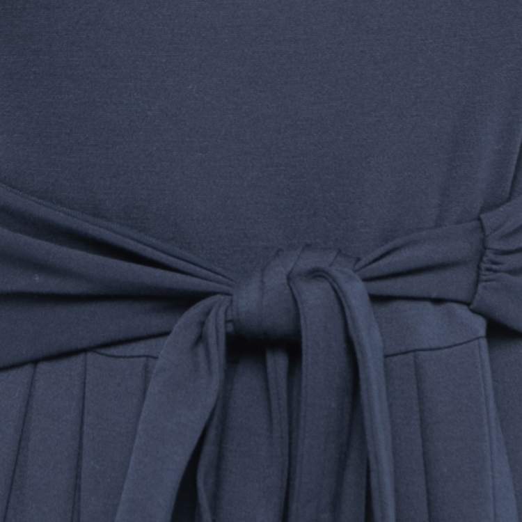Pre Owned Weekend Max Mara Navy Blue Knit Short Sleeve Waist Tie Detail Pleated Maxi Dress XS