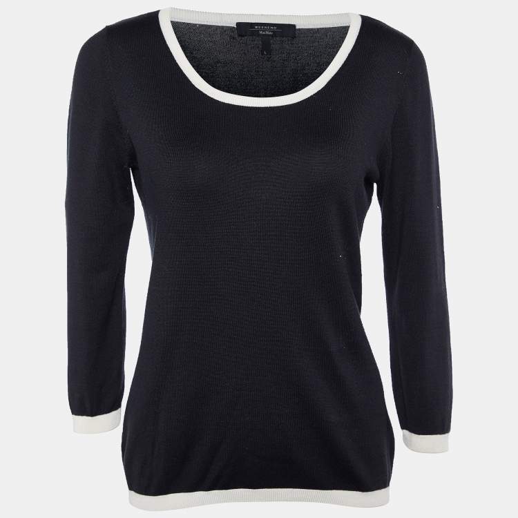 Pre Owned Weekend Max Mara Black Wool Knit Contrast Detail Round Neck Top L