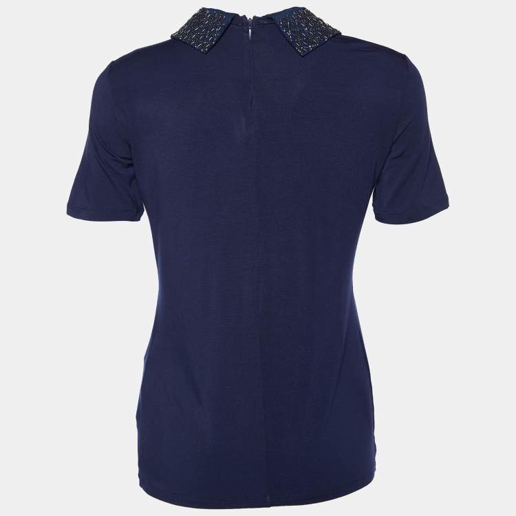 Pre Owned Weekend Max Mara Navy Blue Knit Embellished Neck T-Shirt S