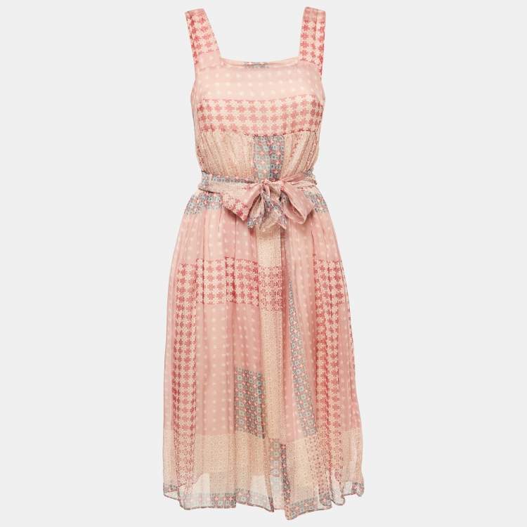 Pre Owned Weekend Max Mara Pink Printed Silk Belted Midi Dress M