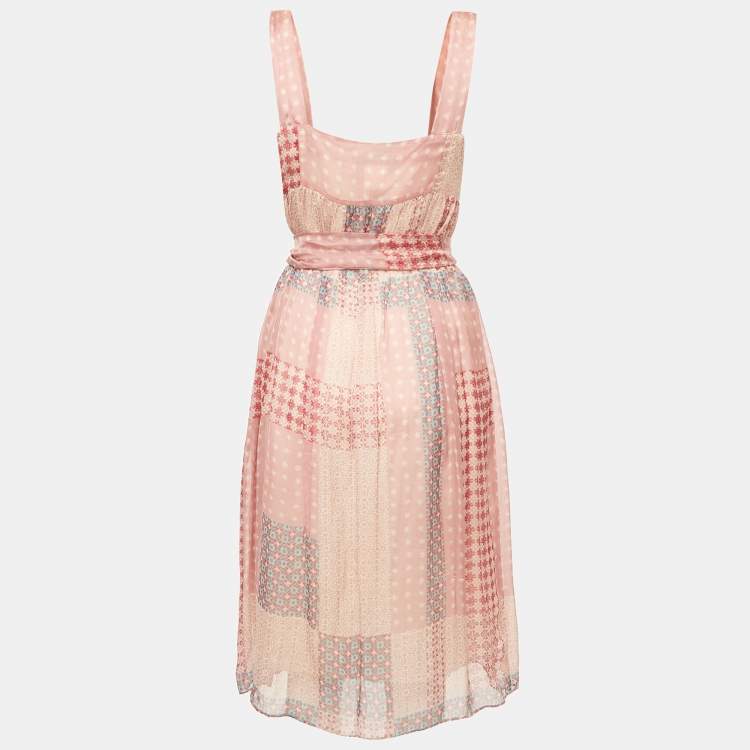 Pre Owned Weekend Max Mara Pink Printed Silk Belted Midi Dress M