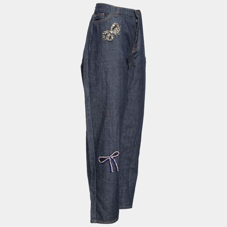 Pre Owned Weekend Max Mara Navy Blue Denim Embellished Bow Detail Cropped Boyfriend Jeans L Waist 34" 