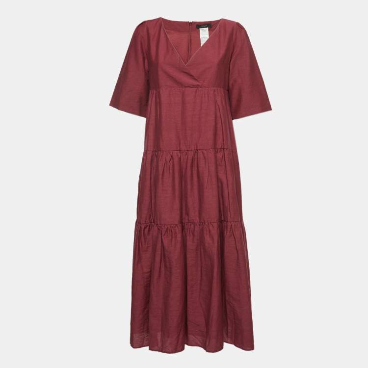 Pre Owned Weekend Max Mara Dark Pink Linen Blend Tiered Maxi Dress S