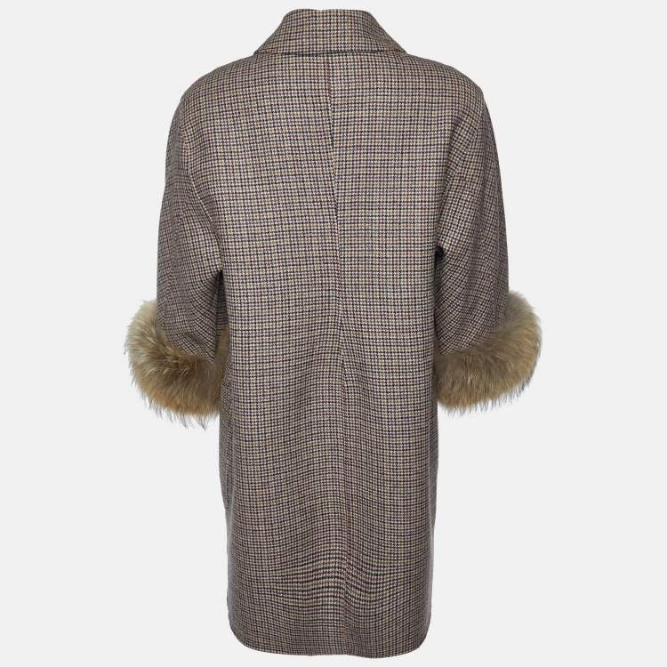 Pre Owned Weekend Max Mara Brown Houndstooth Wool Fur Trimmed Coat S