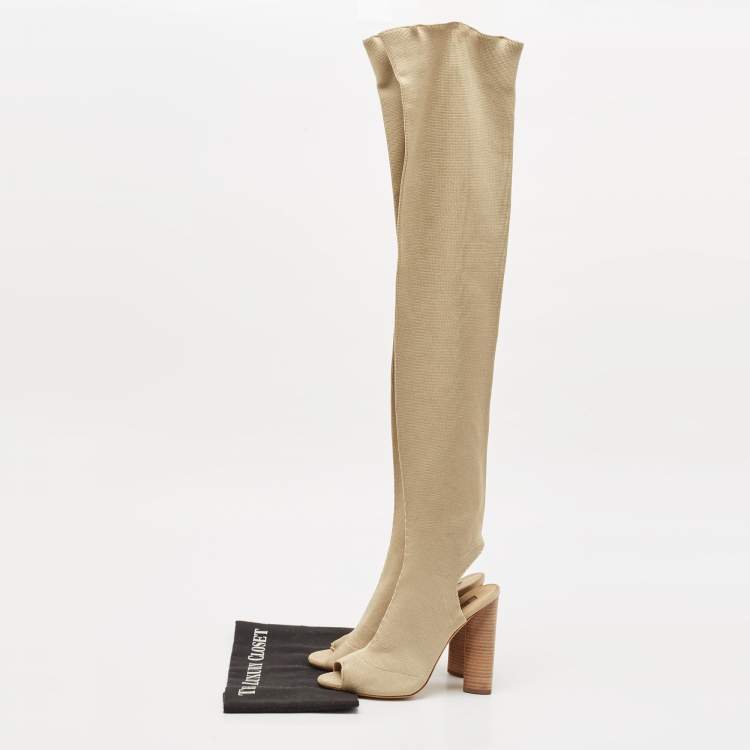 Pre Owned Yeezy Season 5 Beige Knit Fabric  Over The Knee Length Boots Size 37.5
