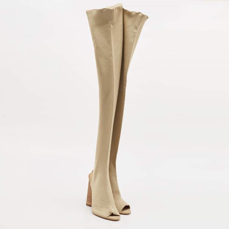 Pre Owned Yeezy Season 5 Beige Knit Fabric  Over The Knee Length Boots Size 37.5