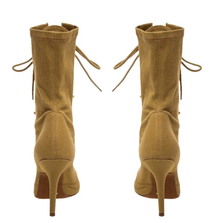 Pre Owned Yeezy Beige Stretch Canvas Season 6 Lace Up Pointed Toe Boots Size 36