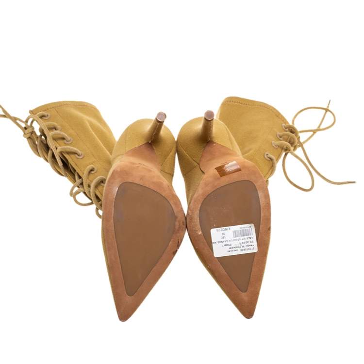 Pre Owned Yeezy Beige Stretch Canvas Season 6 Lace Up Pointed Toe Boots Size 36