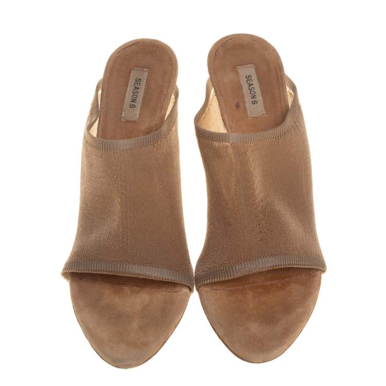 Pre Owned Yeezy Beige Mesh Season 6  Slip On Mules Size 36.5
