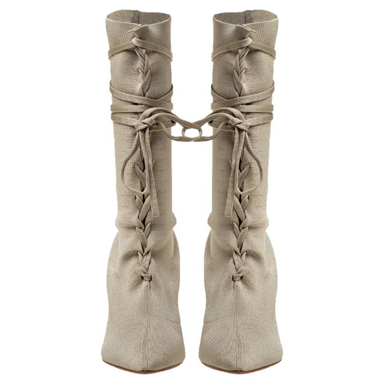 Pre Owned Yeezy Beige Knit Sock Lace Up Boots Size 36.5