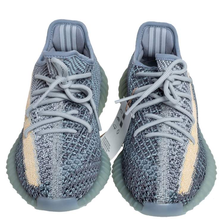Pre Owned Yeezy x Adidas Blue/Yellow Knit Fabric Boost 350 V2 Ash Blue Sneakers Size 37 1/3