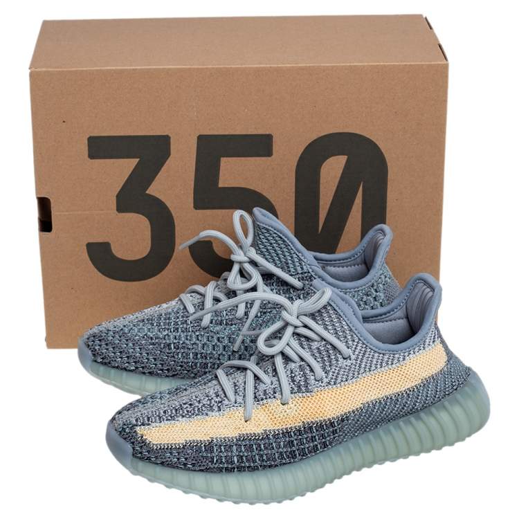 Pre Owned Yeezy x Adidas Blue/Yellow Knit Fabric Boost 350 V2 Ash Blue Sneakers Size 37 1/3
