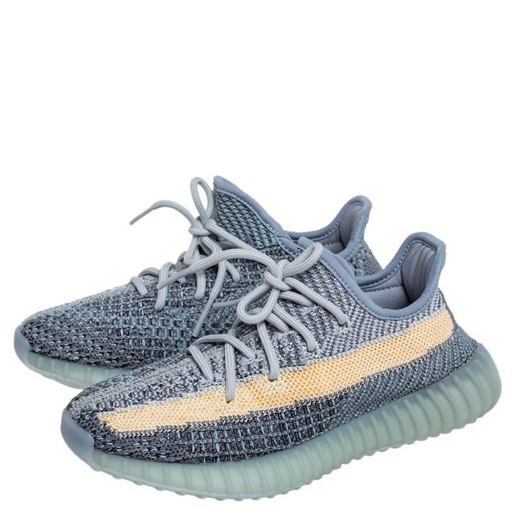 Pre Owned Yeezy x Adidas Blue/Yellow Knit Fabric Boost 350 V2 Ash Blue Sneakers Size 37 1/3