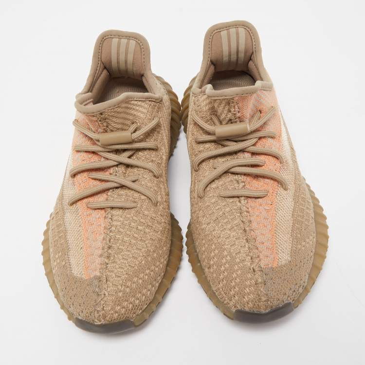 Pre Owned Yeezy x Adidas Brown Knit Fabric Boost 350 V2 Sand Taupe Sneakers Size 38 2/3